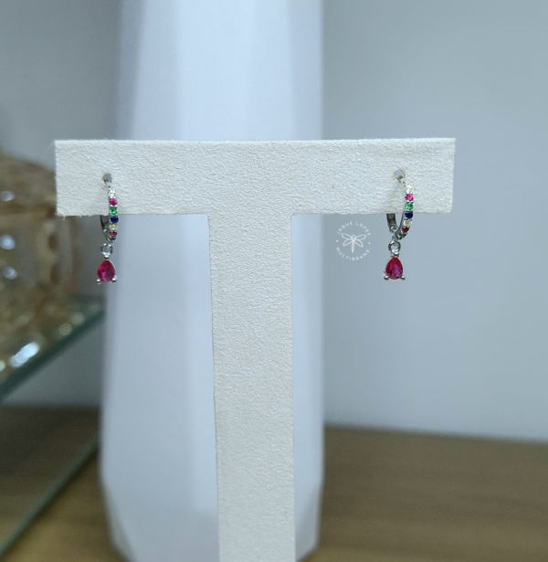 Argola click Prata 925 cravejada colorida com pingente gota Pink