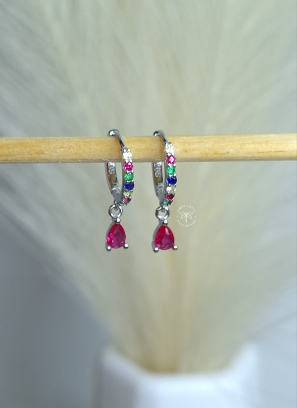 Argola click Prata 925 cravejada colorida com pingente gota Pink