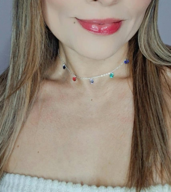 Chocker Prata 925 zircônias coloridas com extensor 5cm