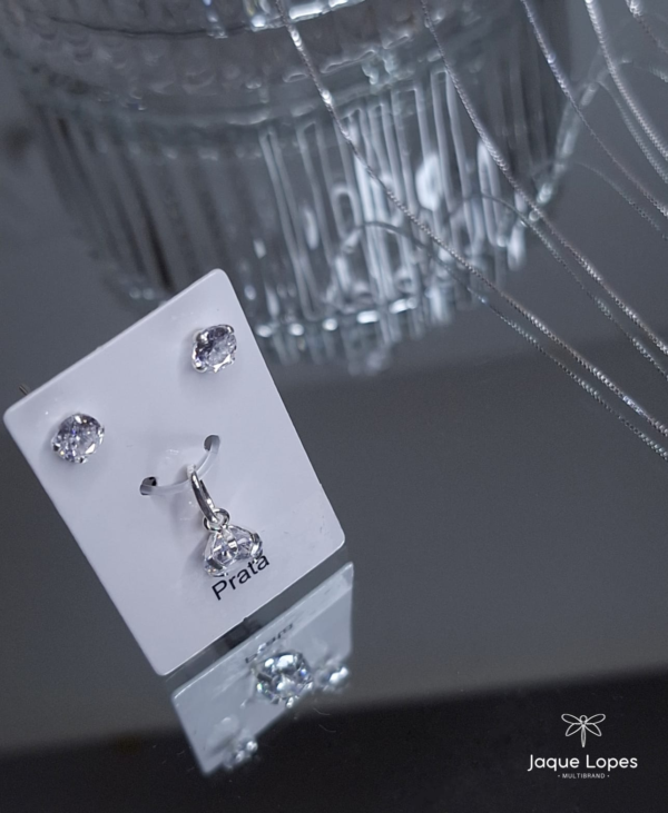 Conjunto Prata 925 ponto de luz brincos e pingente zircônia transparente