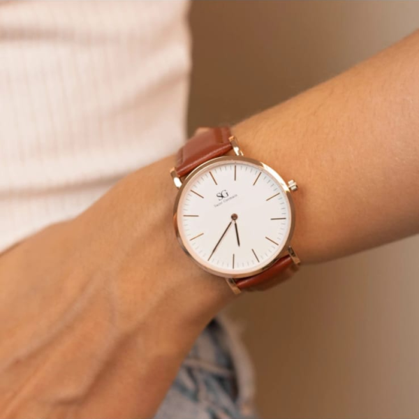 Relógio Feminino Marrom Pulseira de Couro Bronx Rosé Gold 32mm