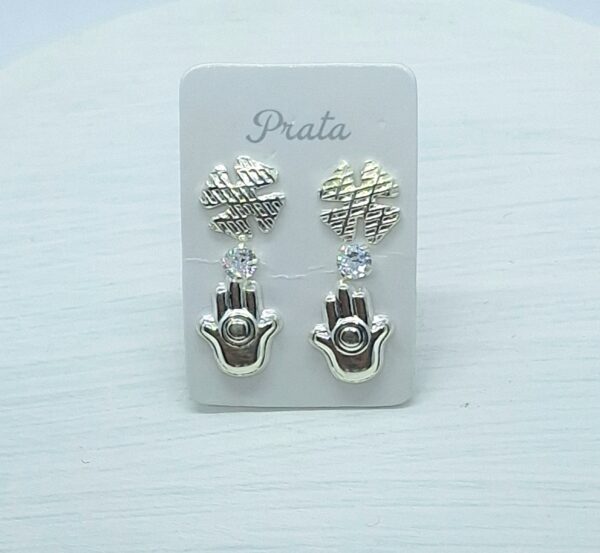 Trio Brincos Trevo/mão/ponto de luz Prata 925