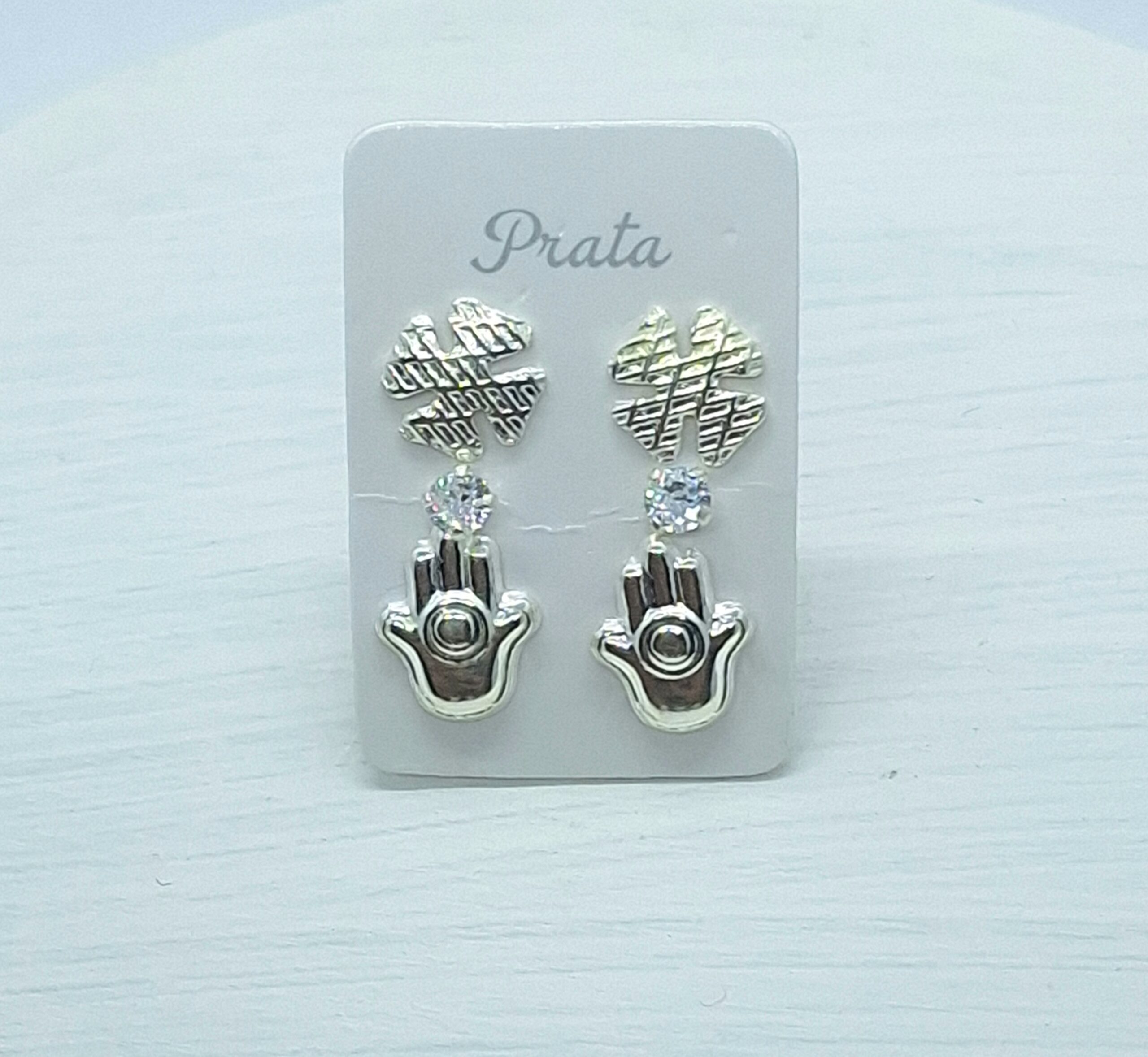 Trio Brincos Trevo/mão/ponto de luz Prata 925