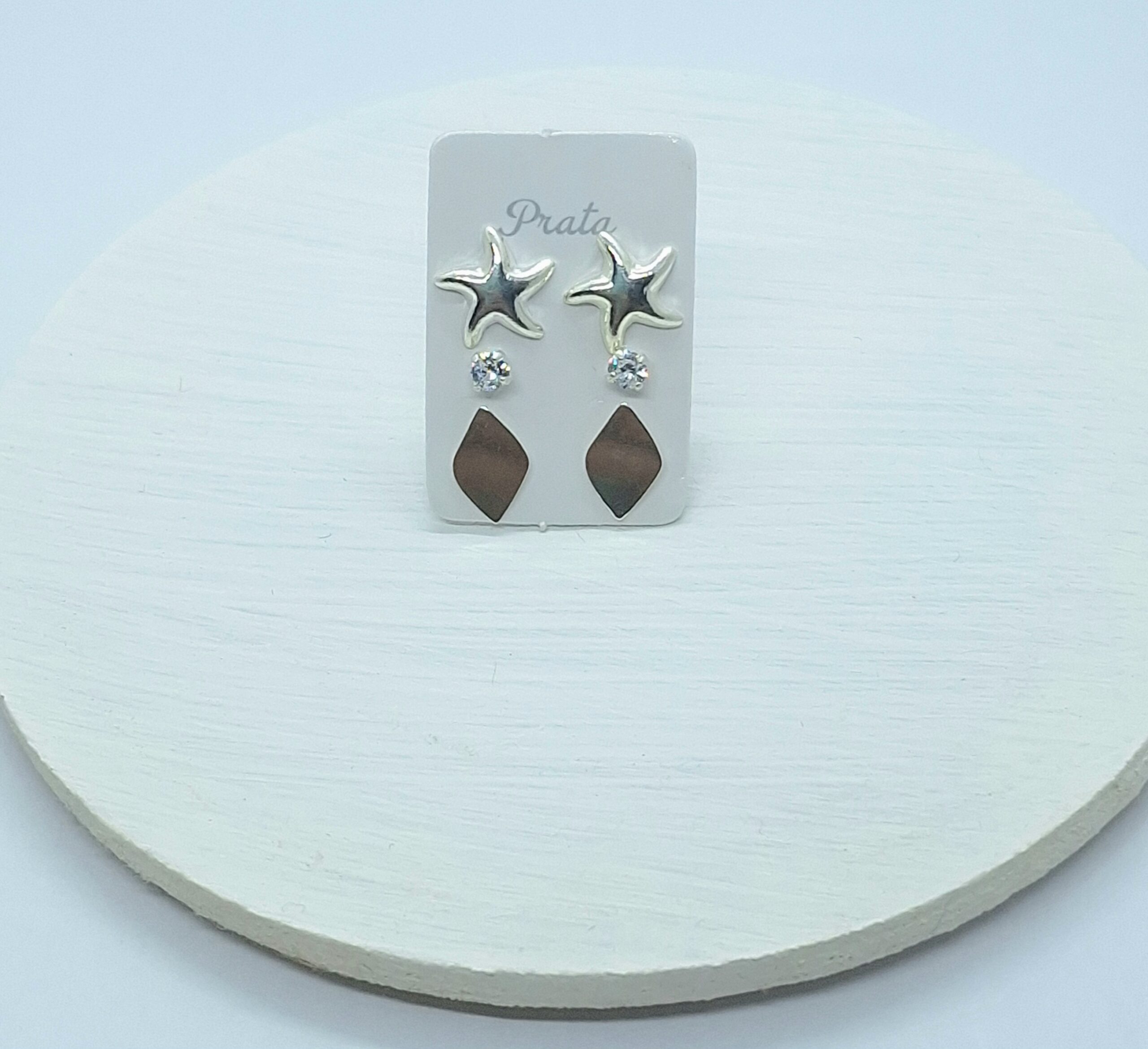 Trio Brincos Estrela/losango/ponto de luz Prata 925