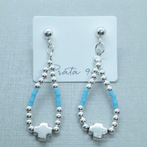 Brinco Bolinhas e miçangas turquesa Prata 925