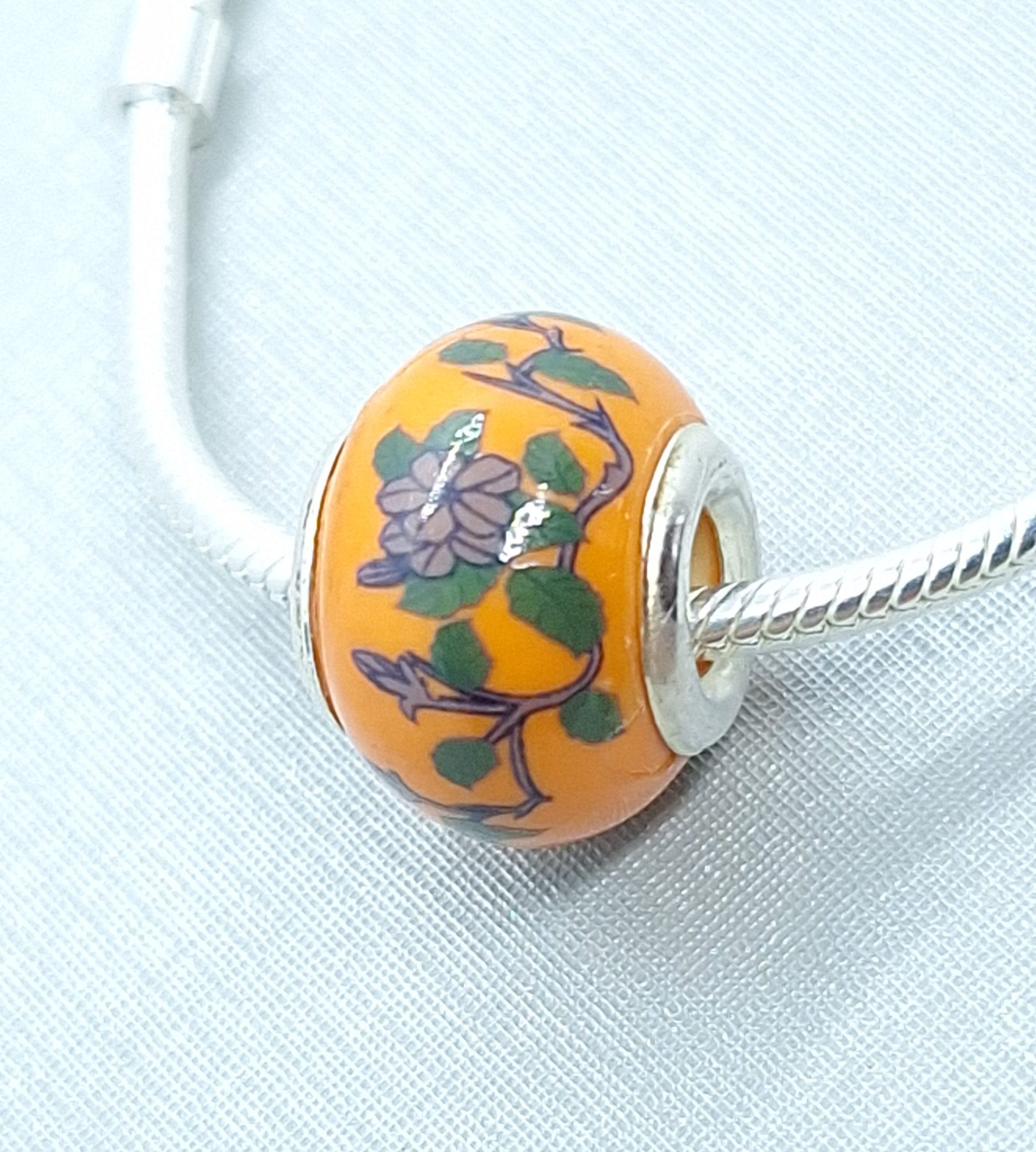 Berloques separador de Vidro Murano Laranja com Flores Facetadas à Mão Prata 925
