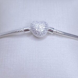 Pulseira Berloques Maleável Fecho Coração Brilhante cravejado Prata925