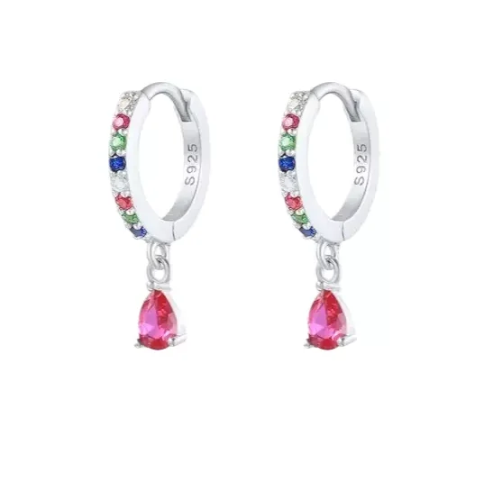 Brinco Argola Clic Multicolorida com gota Prata 925 - Importado