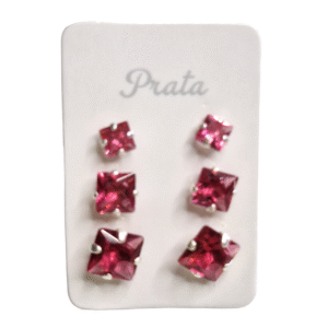 Trio Brincos Carre 3/4/5mm vermelho Prata 925