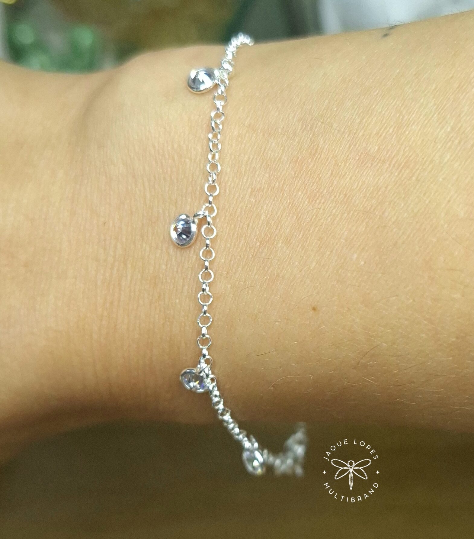 Pulseira 8 pingentes pontos de luz zircônia cristal 19cm Prata 925