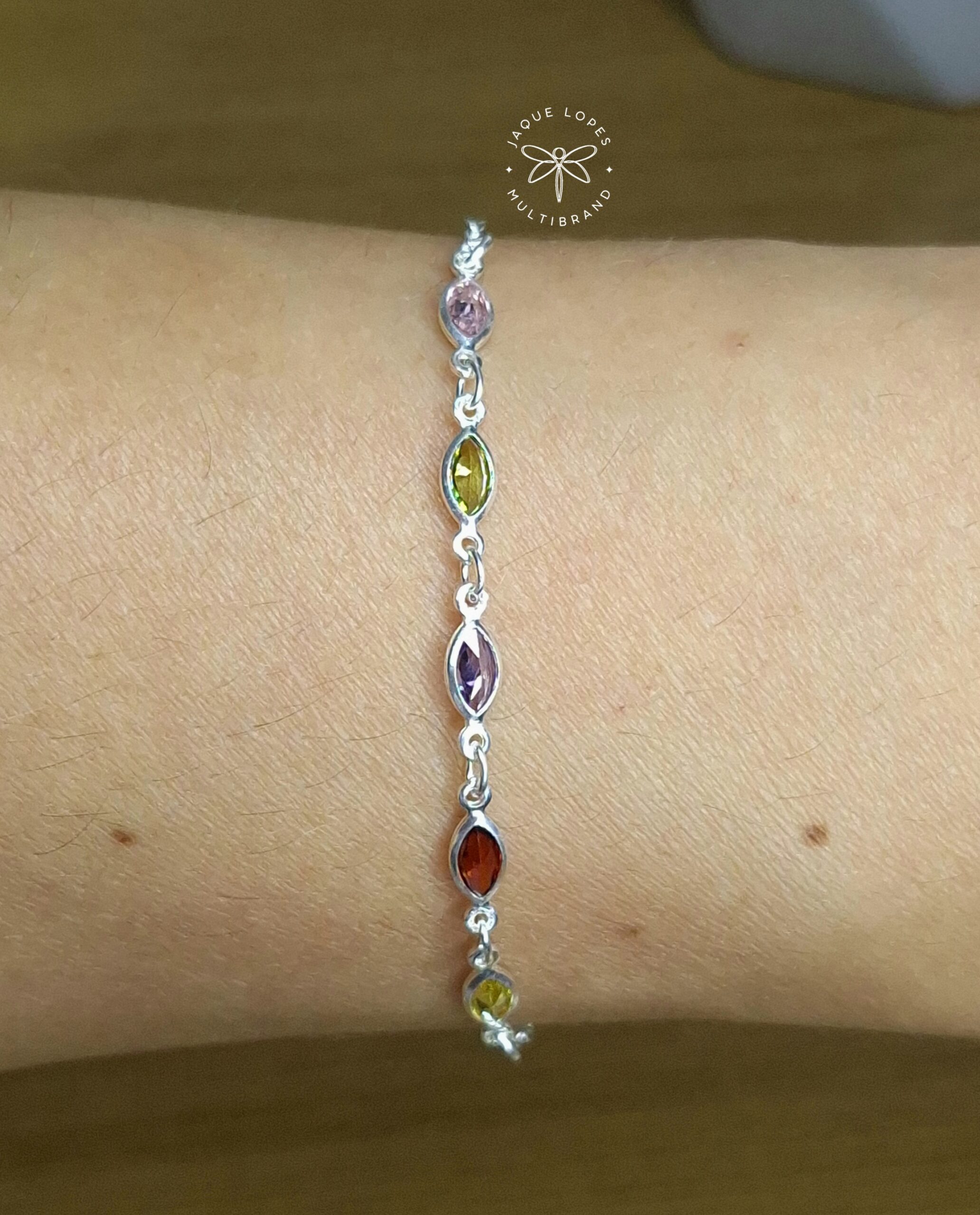 Pulseira Zirconia Navete coloridas 18cm Prata 925