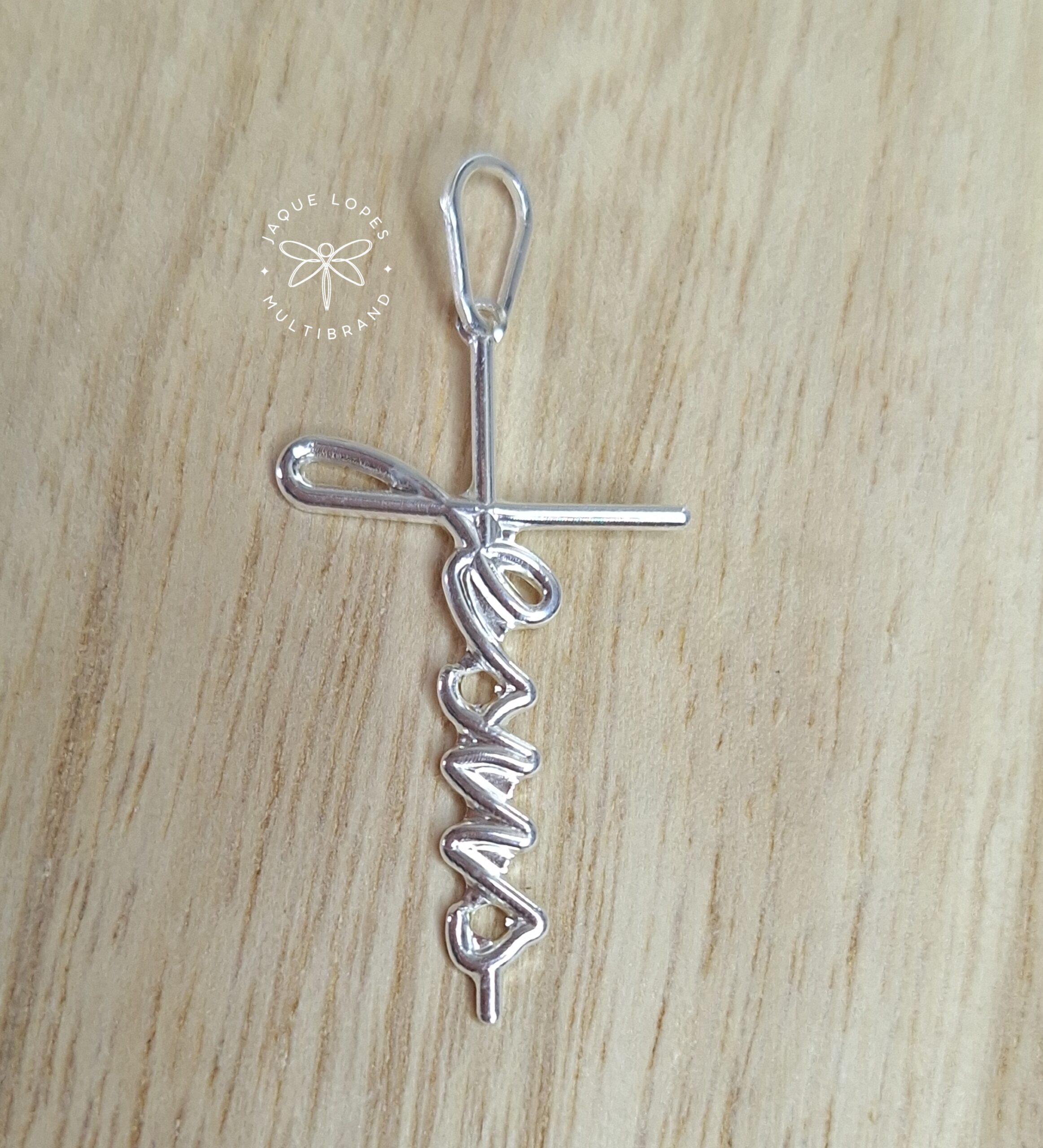 Pingente Cruz Jesus escrito 30mmx18mm Prata 925