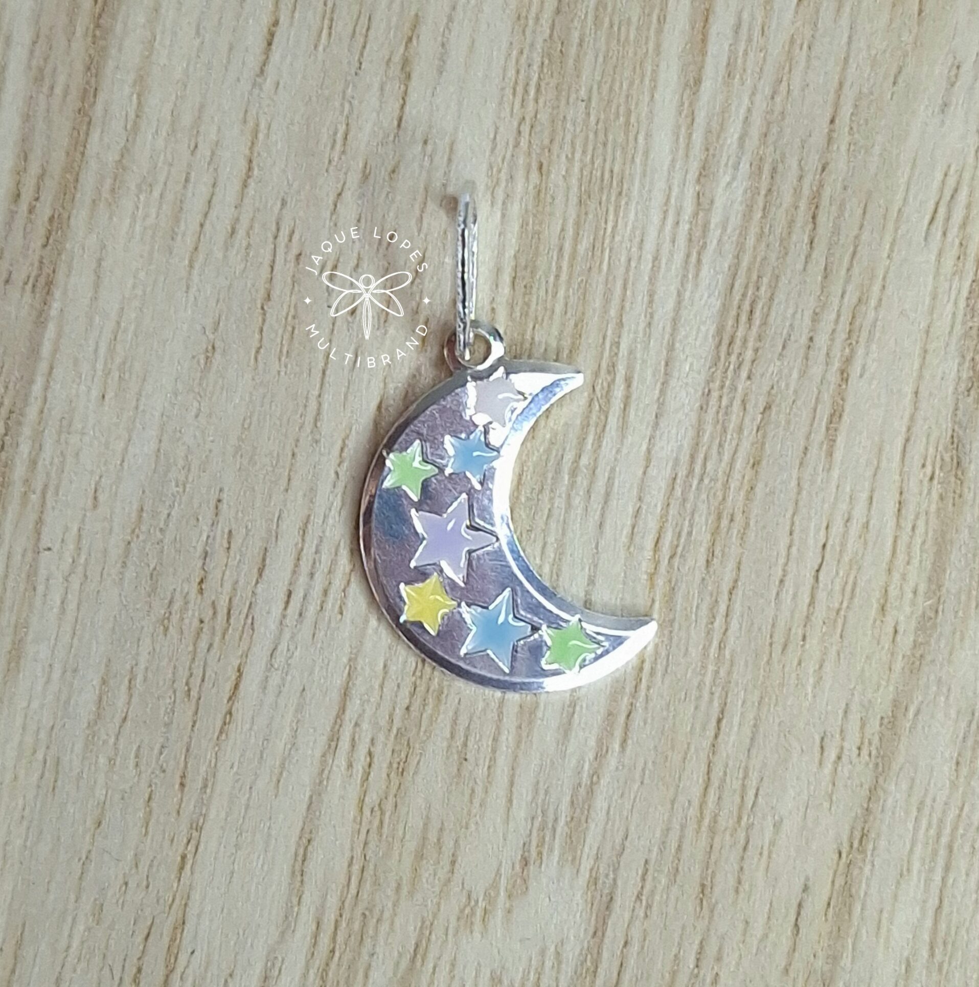 Pingente Lua 15mm com estrelas em resina coloridas Prata 925