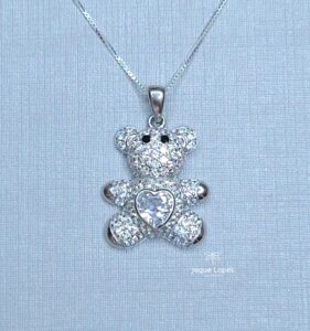Pingente Urso coração zirconia colorida crevejado de Zirconia 20mmx17mm Prata 925
