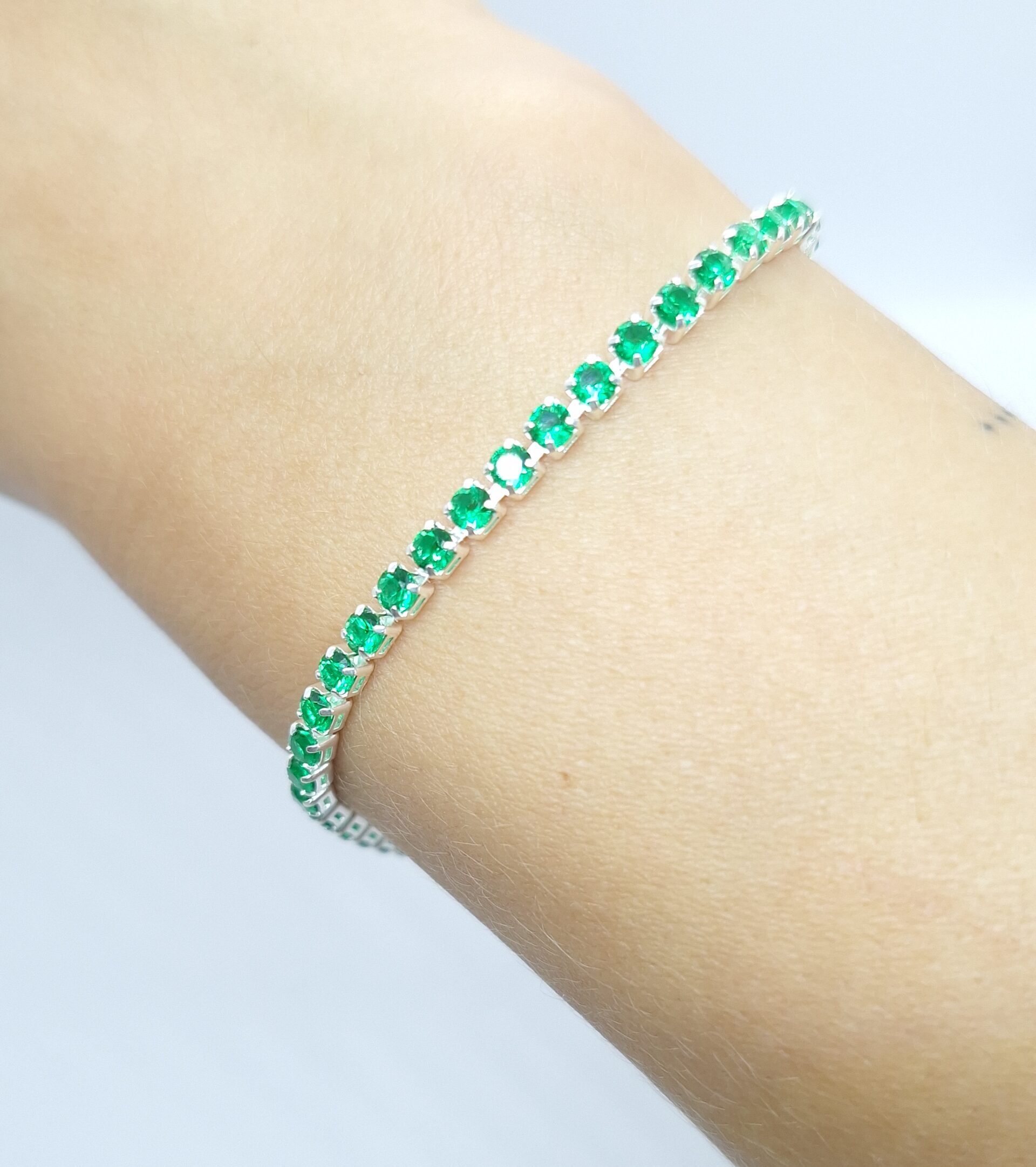 Pulseira Riviera Zirconia Verde Esmeralda 21cm com extensor folheada Prata 925