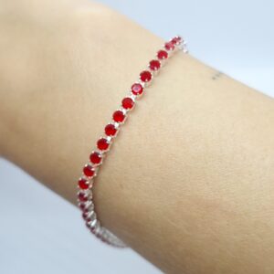 Pulseira Riviera Zirconia Vermelha Rubi 21cm com extensor folheada Prata 925