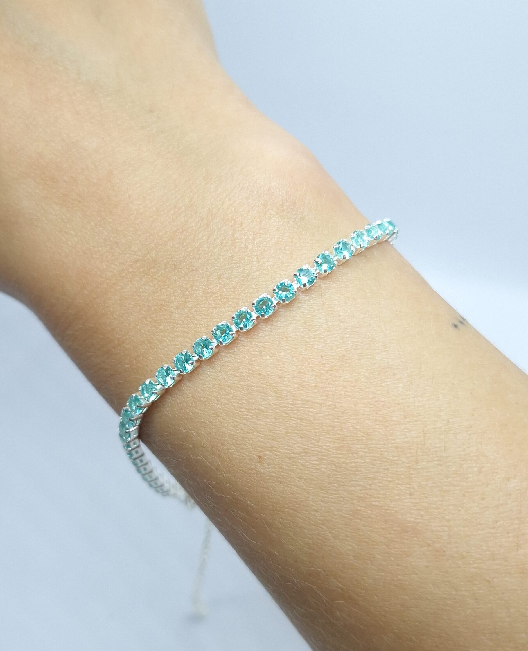 Pulseira Riviera Zirconia Verde Tiffany 21cm com extensor folheada Prata 925