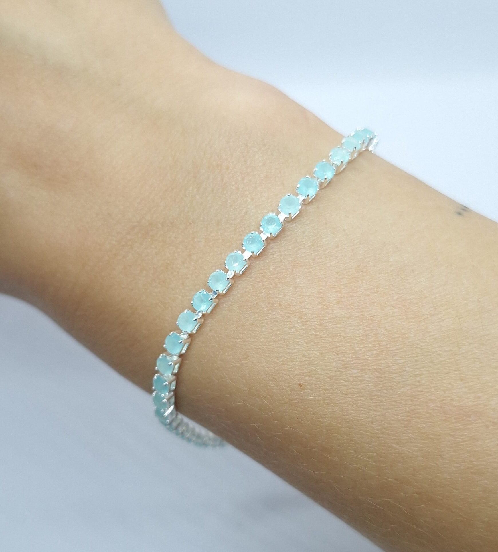 Pulseira Riviera Zirconia Verde Claro 21cm com extensor folheada Prata 925