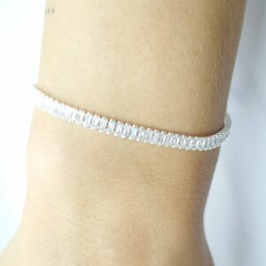 Pulseira Riviera Baguete 3.5X1.5 Zirconia Cristal 17cm com extensor 5cm folheada Prata 925