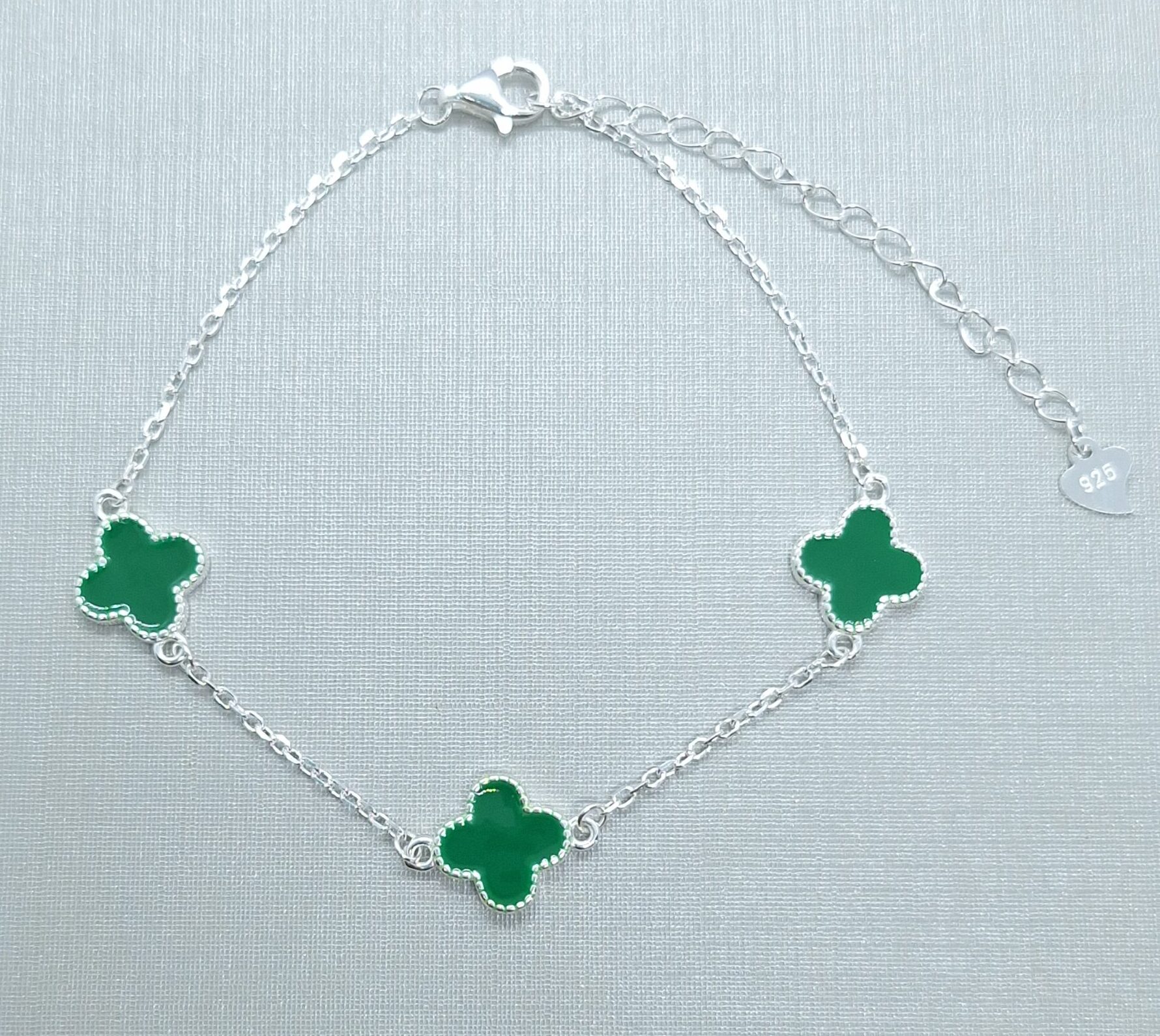 Pulseira 3 Trevos Verdes 16cm com extensor de 5cm Prata 925 Importada