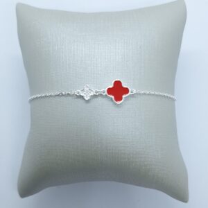 Pulseira Trevo Vermelho e trevo cravejado 20cm com ajuste Prata 925 Importada