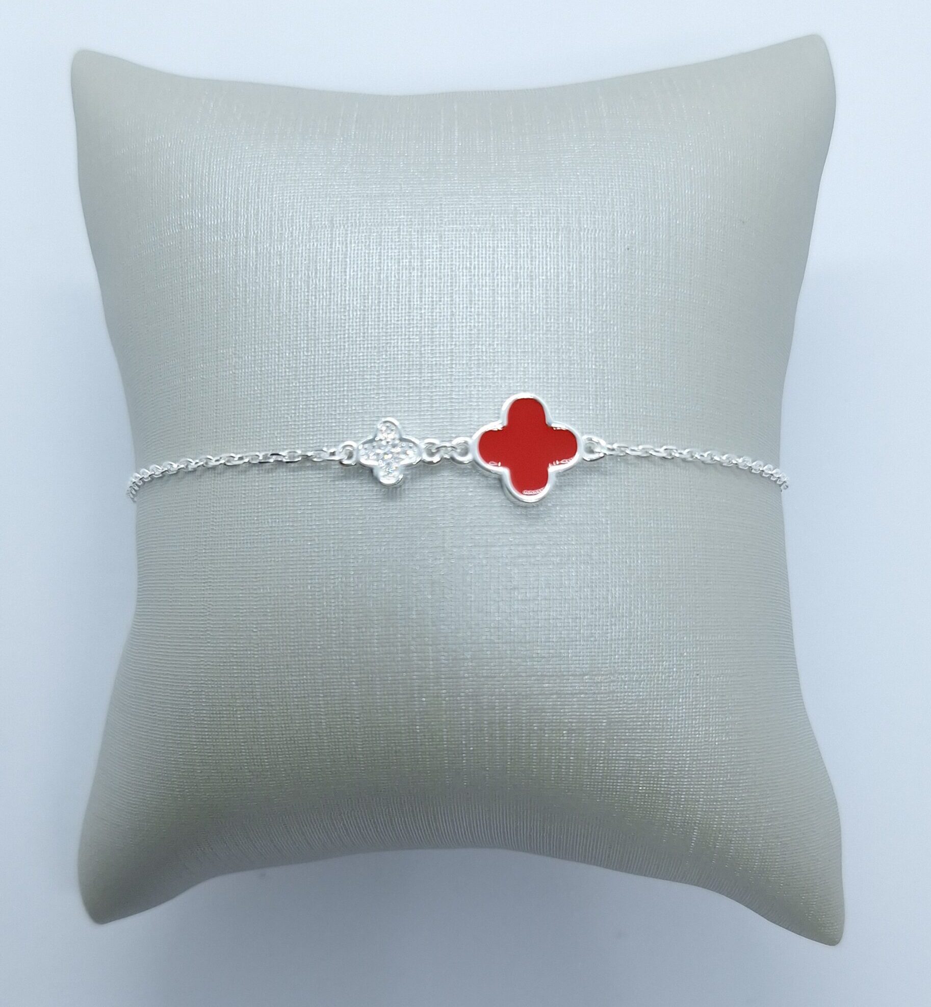 Pulseira Trevo Vermelho e trevo cravejado 20cm com ajuste Prata 925 Importada
