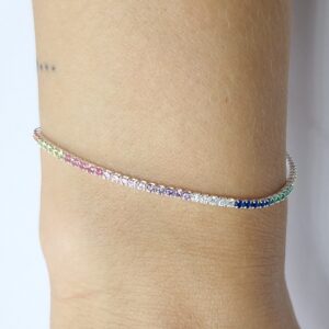 Pulseira Riviera 2mm Zirconias Coloridas 16cm com extensor 3cm Prata 925