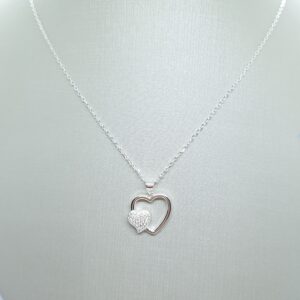Colar Pingente coração vazado com coração cravejado sobreposto Prata 925