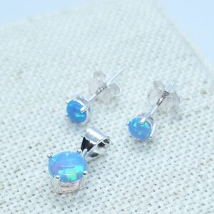 Conjunto Pedra Natural Opala Azul pingente e brincos Prata 925