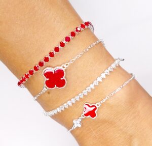 Pulseira Trevo Vermelho Rubi 15,5mm 18cm Prata 925