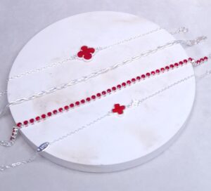 Pulseira Trevo Vermelho e trevo cravejado 20cm com ajuste Prata 925 Importada