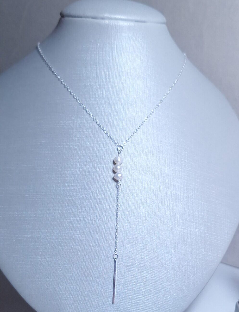 Colar Gravata 3 pérolas naturais e pingente palito Prata 925