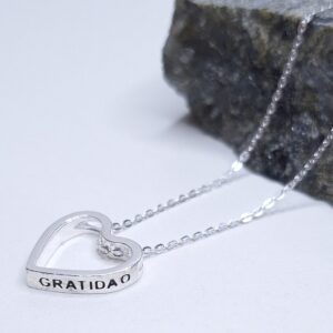 Colar Pingente Coração vazado Gratidão Prata 925