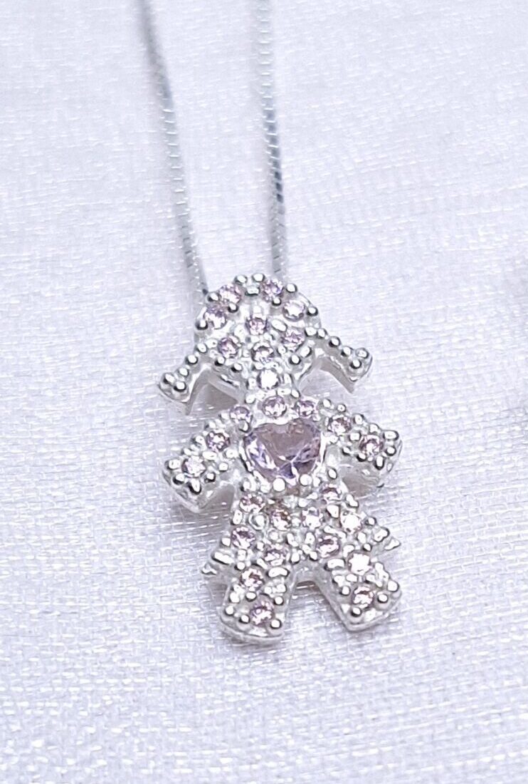 Pingente Menina coração zircônia Rosa cravejado 15mmx9mm Prata 925