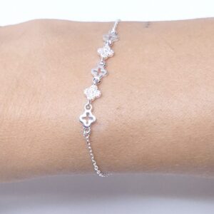 Pulseira 5 Trevos 5mm cravejados 17cm + extensor de 3cm Prata 925