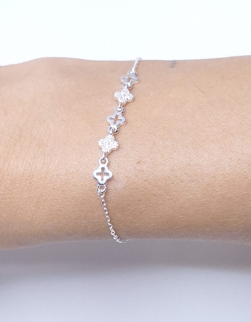 Pulseira 5 Trevos 5mm cravejados 17cm + extensor de 3cm Prata 925