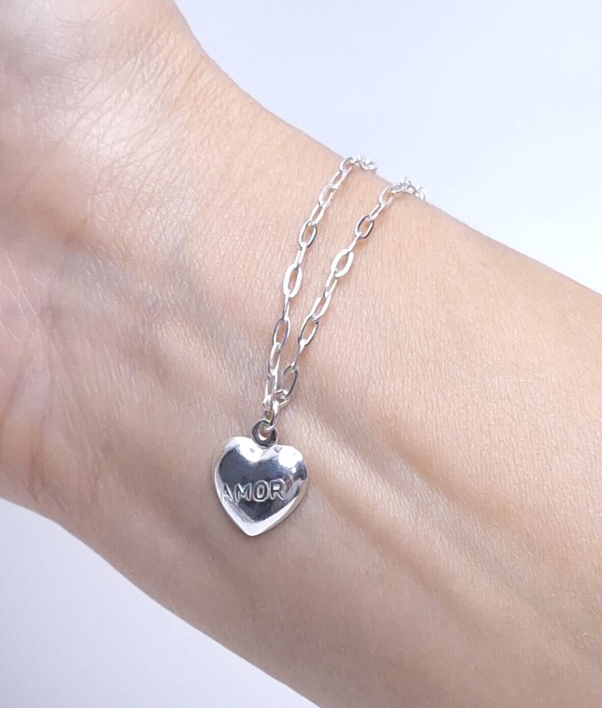 Pulseira pingente coração AMOR 20cm Prata 925