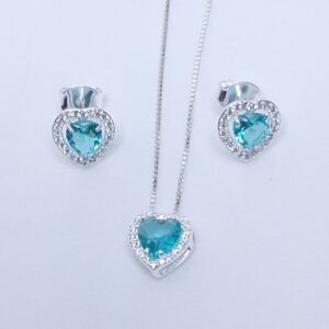 Conjunto pingente e brincos 10,4mm coração zircônia Verde Tiffany 6mm Prata 925