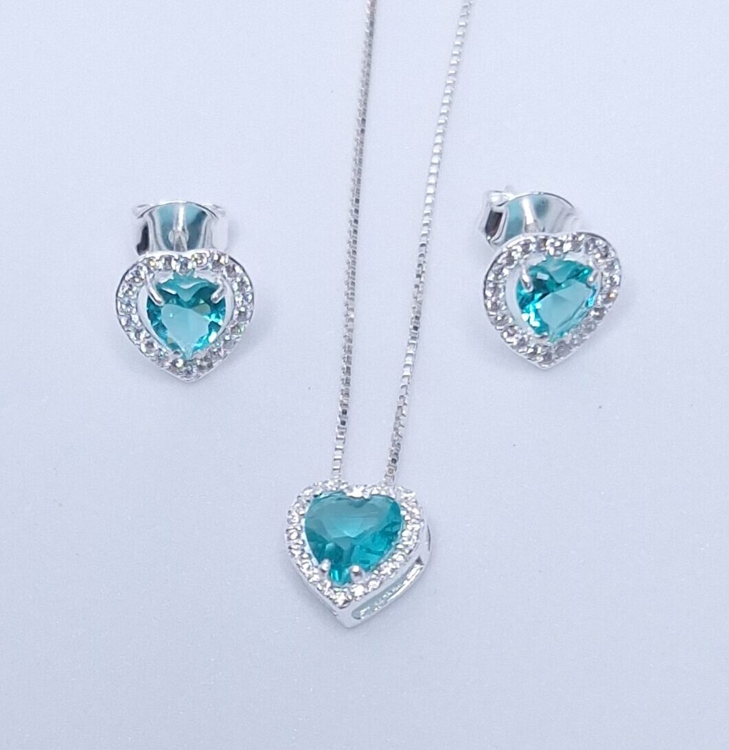 Conjunto pingente e brincos 10,4mm coração zircônia Verde Tiffany 6mm Prata 925