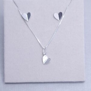 Conjunto Coração Origami colar e brincos Prata 925