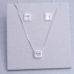 Conjunto pingente e brincos 7,3mm quadrado zircônia Cristal cravejado Prata 925