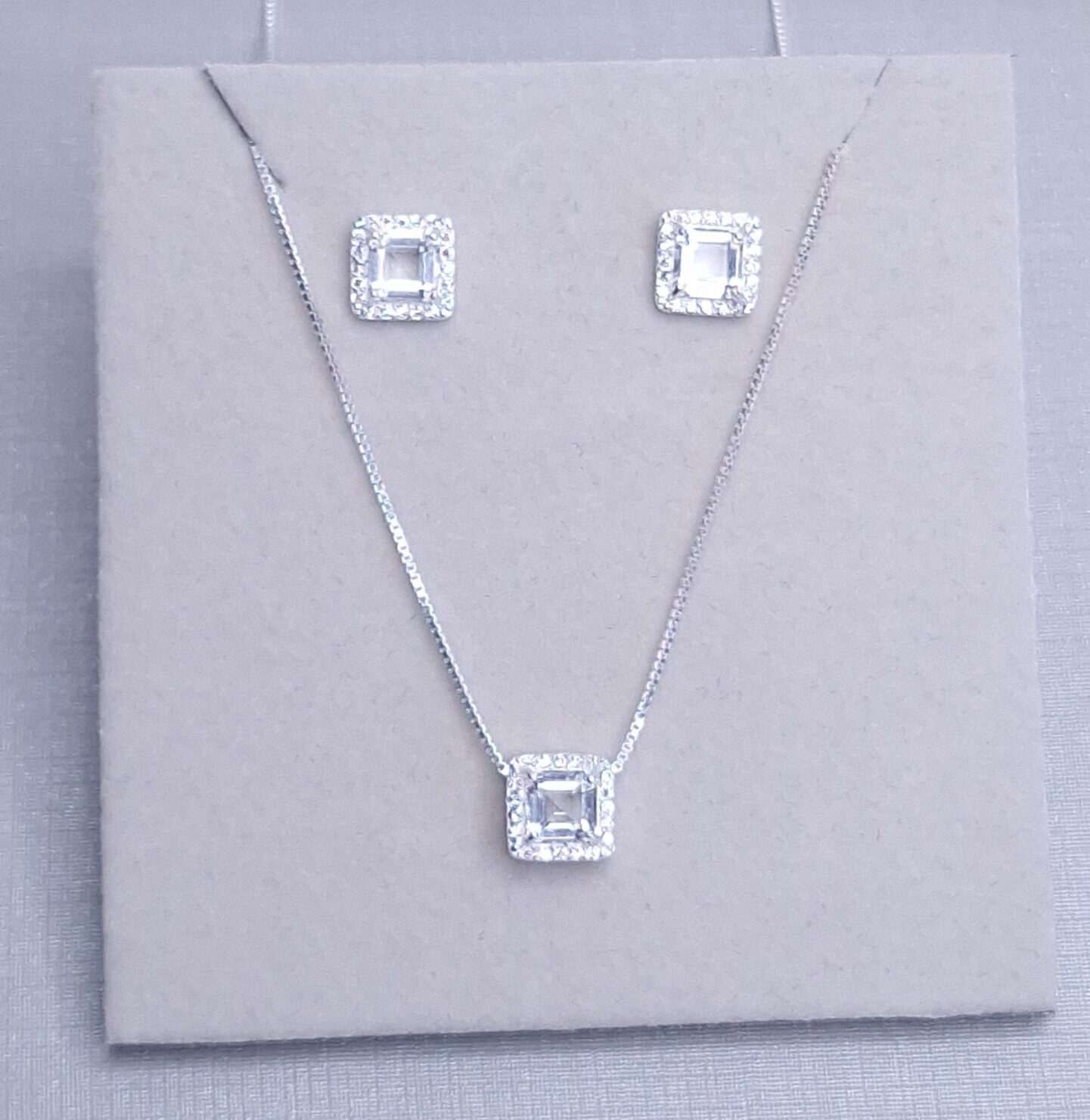 Conjunto pingente e brincos 7,3mm quadrado zircônia Cristal cravejado Prata 925