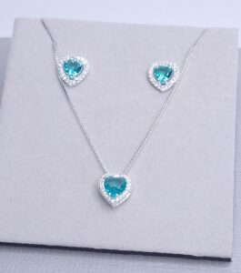 Conjunto pingente e brincos 10,4mm coração zircônia Verde Tiffany 6mm Prata 925