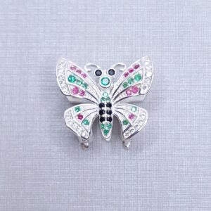 Pingente Borboleta cravejado com Microzirconias coloridas fecho click duplo 18mmx15mm Prata 925