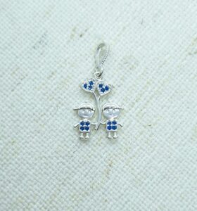 Pingente 2 Meninos com balão cravejado zircônia azul 15mm Prata 925