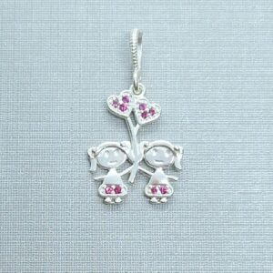 Pingente 2 Meninas com balão cravejado zircônia rosa 15mm Prata 925