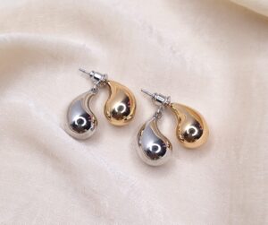 Brinco Duplo Gotas Bicolor Lisa 18mm B. Ródio/Ouro 18k