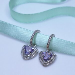 Brinco argola 2x1 e pingente lilás cravejados 12mm B. ródio