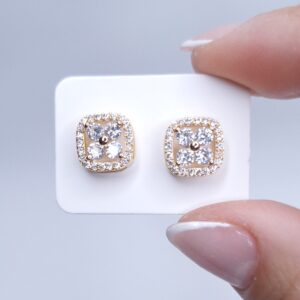 Brinco quadrado flor zircônia cravejado microzircônia B. Ouro 18k
