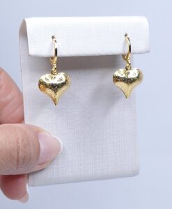 Brinco argola pingente coração acetinado 10mm B. Ouro 18K